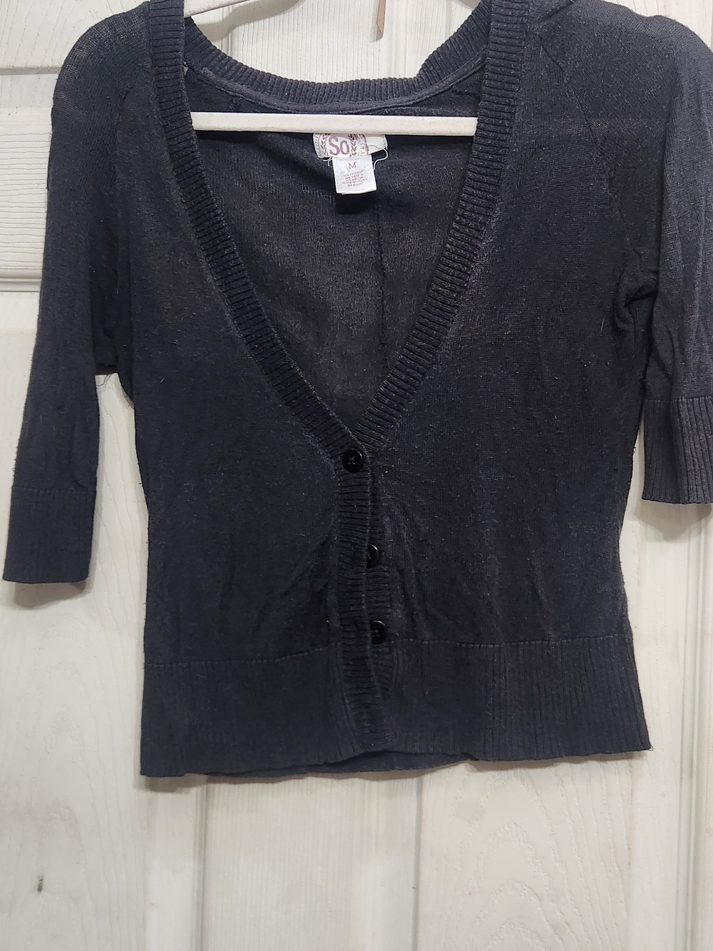 SO Women's Charcoal Short Sleeve V-Neck Button Cardigan